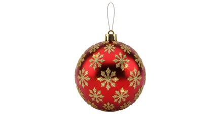 Closeup of a red christmas ball ornament adorned with golden snowflake patterns, suspended against a pristine transparent background, radiating festive cheer isolated on transparent background