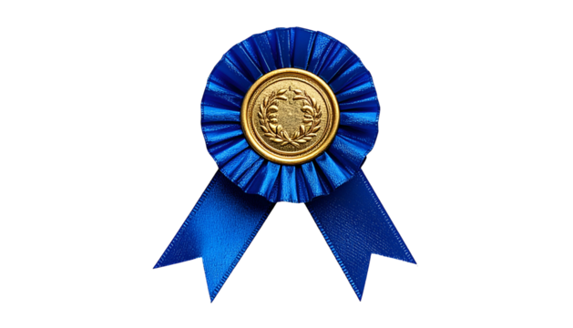 A close-up of a blue ribbon award with gold center detail, set against a black backdrop