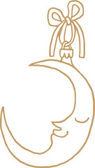 Whimsical line art golden illustration of crescent moon with face Christmas decor. Vector Christmas doodle graphic