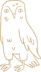 Whimsical line art golden illustration of wise owl bird. Vector Christmas doodle graphic