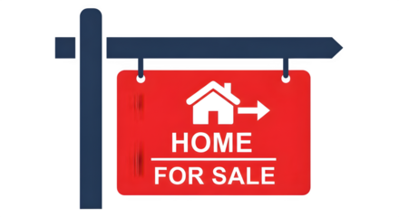 Red home for sale sign with white house icon and arrow pointing right, indicating property market activity and real estate business.