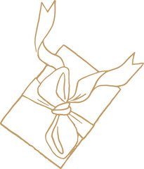 Whimsical line art golden illustration of gift box with bow. Vector Christmas doodle graphic