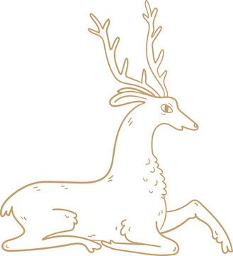 Whimsical line art golden illustration of reclining deer with antlers. Vector Christmas doodle graphic