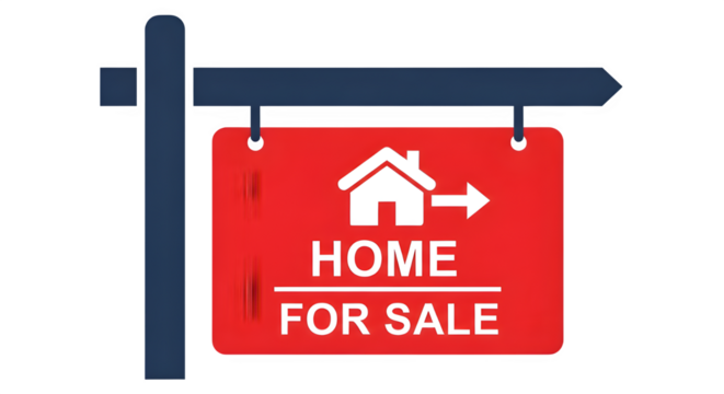 Red home for sale sign with white house icon and arrow pointing right, indicating property market activity and real estate business.