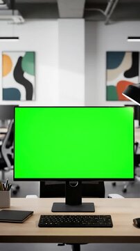 Green Screen Technology with young handsome specialist working on desktop computer mock up display in a busy creative office colleagues male manager trimmed beard is wearing casual black jumper