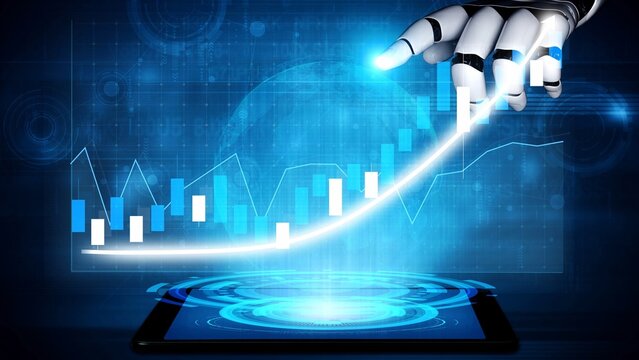 A futuristic robot hand interacts with digital graphs displayed on a tablet, symbolizing growth and innovation in finance and data analytics. Copula - Powered by Adobe