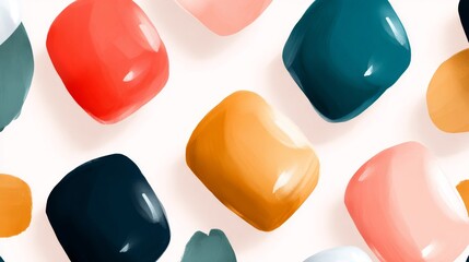 Seamless abstract pattern of colorful glossy rounded shapes floating over a white background in a modern digital illustration.