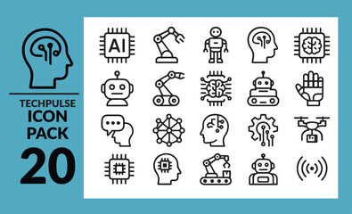 TechPulse Robotics and AI Outline Icon Pack - Linear Icons for Technology, Automation, Machine Learning, and Future Industry