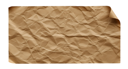 A crumpled piece of brown paper with a curled corner, isolated on a white background.