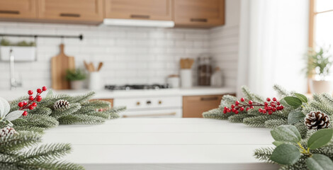 Empty white white wooden table top surrounded by a delicate decorated Christmas tree branches  with  blurred Scandinavian style kitchen in the background  for design, display or montage your products.