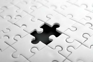 The Missing Piece: A close-up view of a jigsaw puzzle, a single piece missing, highlighting the concept of incompleteness, puzzle, problem-solving, and the search for solutions.