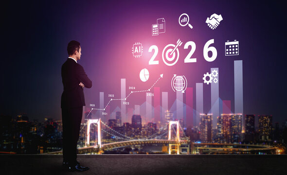 Bar graphs, charts, and number 2026 with AI and data analysis icons symbolizing future business innovation and analytics Parse