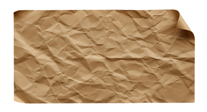 A crumpled piece of brown paper with a curled corner, isolated on a white background.