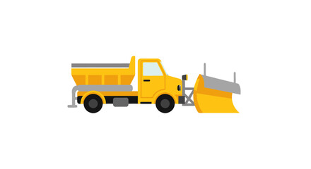 Bright yellow snowplow truck with a large front blade and rear salt spreader depicted in a clean flat vector illustration style.