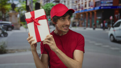 Man holds large white gift box wrapped in red ribbon with both hands on urban street corner; surprise.