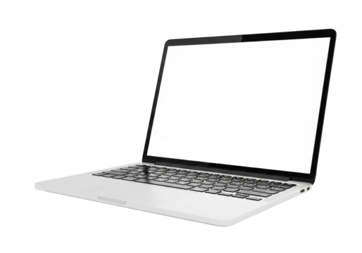 Sleek silver laptop with black keyboard and blank white screen, dynamically angled on a transparent background with copy space, high-key studio lighting. Technology mockup concept