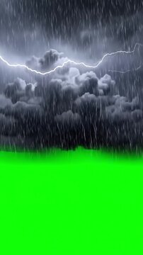 Dramatic Sky Phenomena with rain thunderstorm on green screen clouds accompanied by lightning strikes heavy thunderstorms a distortion, overlay, glitch, static noise, scan lines black background, 4k