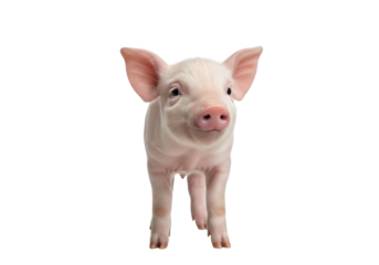 Young, healthy piglet with light pink skin, large floppy ears, and curious dark eyes stands on a transparent studio background with soft high-key lighting. Concept of innocent farm animal