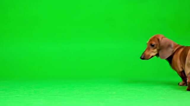 Green Screen 4k small dachshund on isolated with chroma key real shot dog slowly walks across the frame from left to right and scene 4 distortion, overlay, glitch, static noise, scan lines black