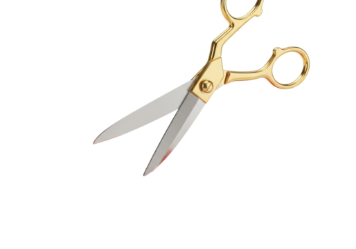Elegant golden-handled scissors with silver blades hovering over a taut scarlet red satin ribbon on a transparent background, macro close-up, symbolic official opening - Powered by Adobe