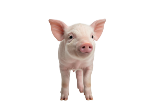 Young, healthy piglet with light pink skin, large floppy ears, and curious dark eyes stands on a transparent studio background with soft high-key lighting. Concept of innocent farm animal