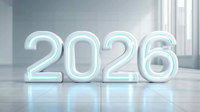 Glowing blue neon 2026 letters with light trails in modern hallway with reflective floor. Futuristic New Year signage in cyberpunk style. Illuminated digital design for tech events and promotions, dep