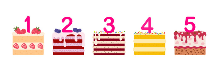 Cake slices with number candles: one, two, three, four, five isolated on white. Cake set. 