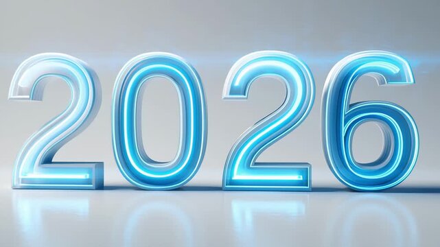 Glowing blue neon 2026 letters with light trails in modern hallway with reflective floor. Futuristic New Year signage in cyberpunk style. Illuminated digital design for tech events and promotions, dep