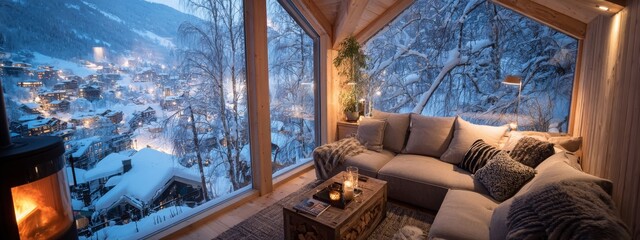 A large living room with an all glass window looked out to the ski resort of Switzerland at night time, with snow falling outside and lights from houses glowing through the windows.