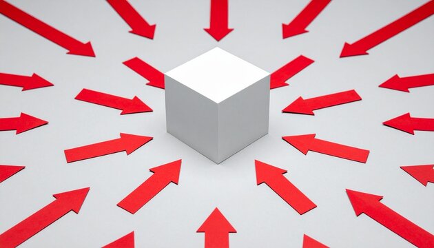 White cube centered on gray surface with ten red arrows radiating outward in circular pattern, symbolizing dispersion or influence.