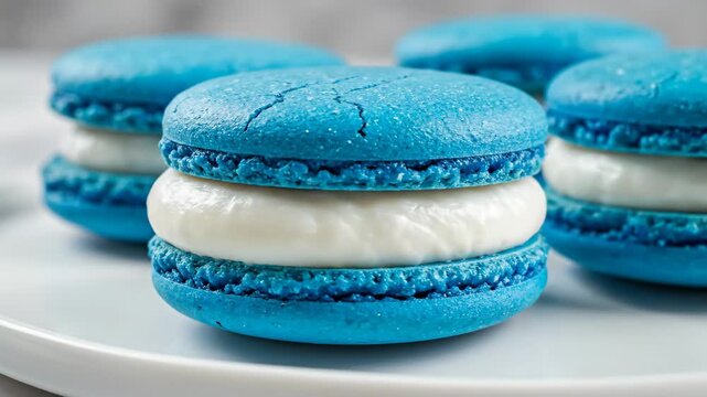 Blue Macarons Close-Up - A close-up shot showcases several vibrant blue macarons filled with a creamy white filling, arranged on a plain white surface.