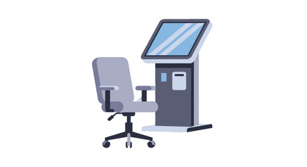 Flat vector illustration of a grey wheeled office chair next to a dark grey selfservice kiosk with an angled blue screen.