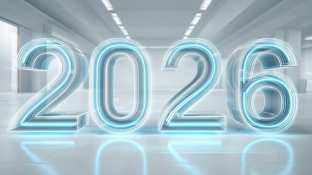 Glowing blue neon 2026 letters with light trails in modern hallway with reflective floor. Futuristic New Year signage in cyberpunk style. Illuminated digital design for tech events and promotions, dep