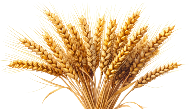 A close-up of a bundle of ripe, golden wheat stalks against a transparent background