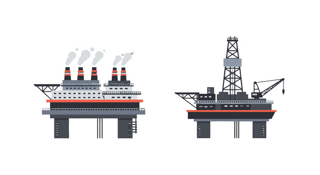 Flat vector illustration of two distinct offshore platforms an industrial factory with smoking chimneys and an oil drilling rig.