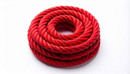 Coiled red rope with twisted texture placed neatly on white background, thick and durable appearance.