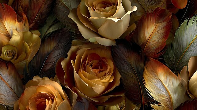 Luxurious arrangement of golden roses and dark feathers in warm tones flowers floral Photo