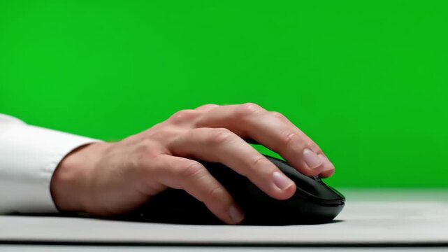 Green Screen office guy using chromakey computer closeup worker hand holding mouse device scene 3 with distortion, overlay, glitch, static noise, scan lines on black background, 4k animated video loop