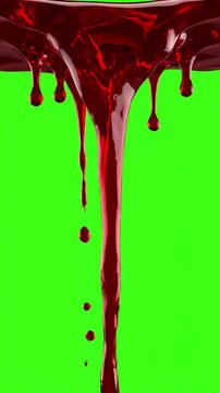 Chroma Key Viscous Flow with dark red blood drips on green screen and transparent background liquid flowing down the surface in streams melting drops create streaks 3d animation alpha channel prores