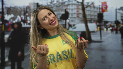 Woman beckoning with hands wearing a yellow brazil jersey in rainy city street amid blurred...