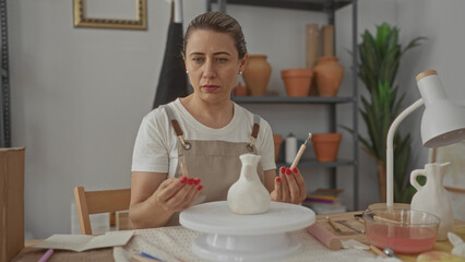 Woman holds clay modeling tool between red painted nails at a pottery wheel in a ceramic studio; contemplation.