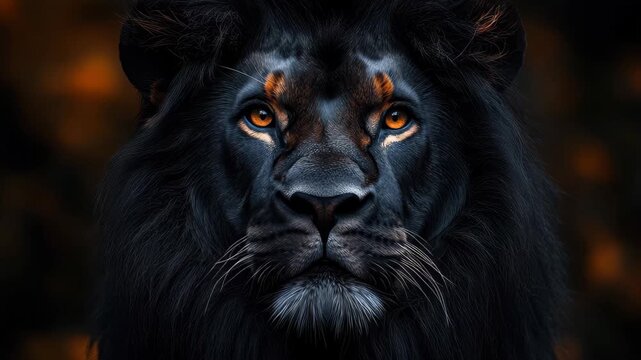 Majestic black lion with striking eyes gazes intensely at the camera in a dramatic lighting