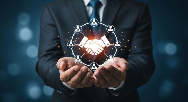 Business partnership concept with glowing handshake icon and network of people in businessmans hands