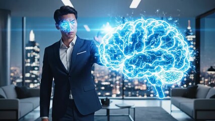 AI Brain Interface in Modern Office - A sophisticated Asian businessman in a modern office interacts with a glowing, digital representation of a human brain. - Powered by Adobe