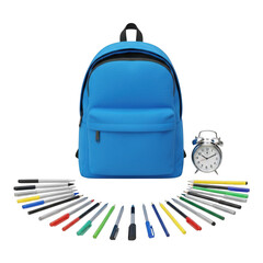Bright blue backpack with assorted pens and alarm clock isolated on transparent background