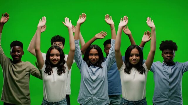 Green Screen chroma key front view group of young people standing with hands in the air 4k uhd prores 4444 scene 4 distortion, overlay, glitch, static noise, scan lines on black background, animated