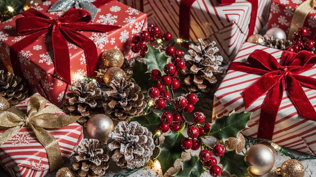 Festive Christmas Arrangement - A vibrant arrangement of Christmas decorations features wrapped gifts, pinecones, holly berries, and ornaments.