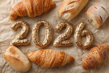Golden numbers shaped as 2026 surrounded by various types of bread including croissants and rolls on a textured paper background.