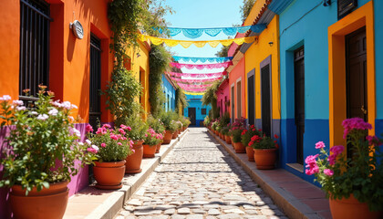 Obraz premium Quaint cobbled street lined with vibrant, colorful buildings draped in rich green plants, adorned with potted flowers. Festive papel picado banners stretch overhead creating lively, charming