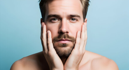 Close up portrait of handsome man with beard touching his face against blue background